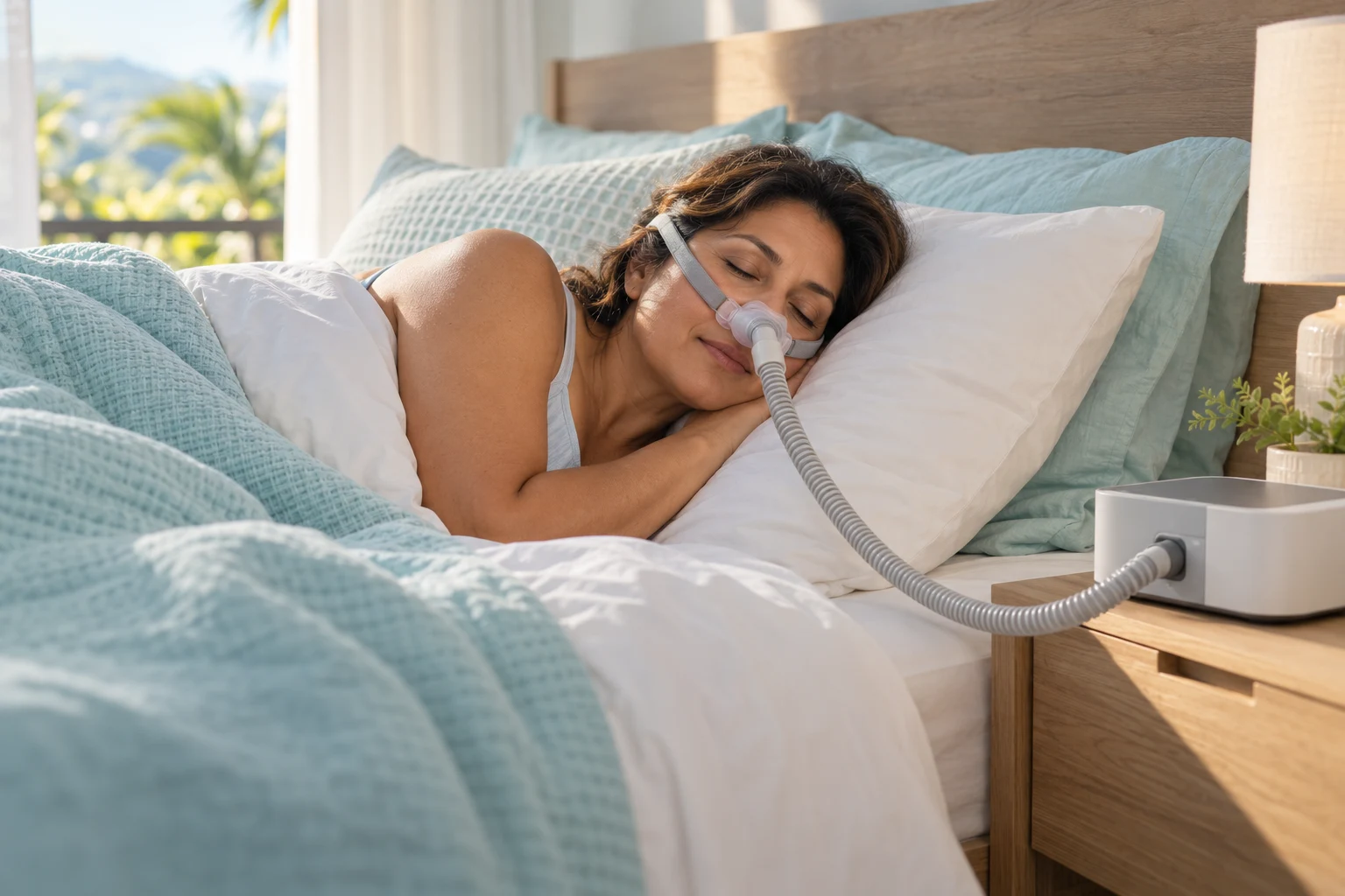 Representación de una mujer descansando con una mascarilla nasal y un equipo CPAP